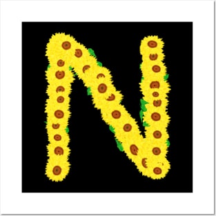 Sunflowers Initial Letter N (Black Background) Posters and Art